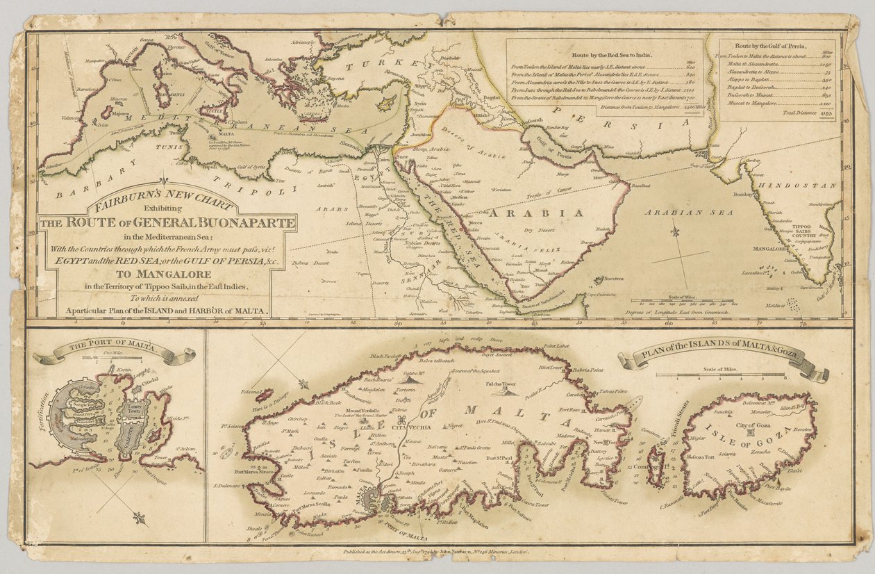 Drei gedruckte farbige Karten: Fairburns Neue Karte, die die Route von General Bonaparte im Mittelmeer zeigt, 1798 von English School