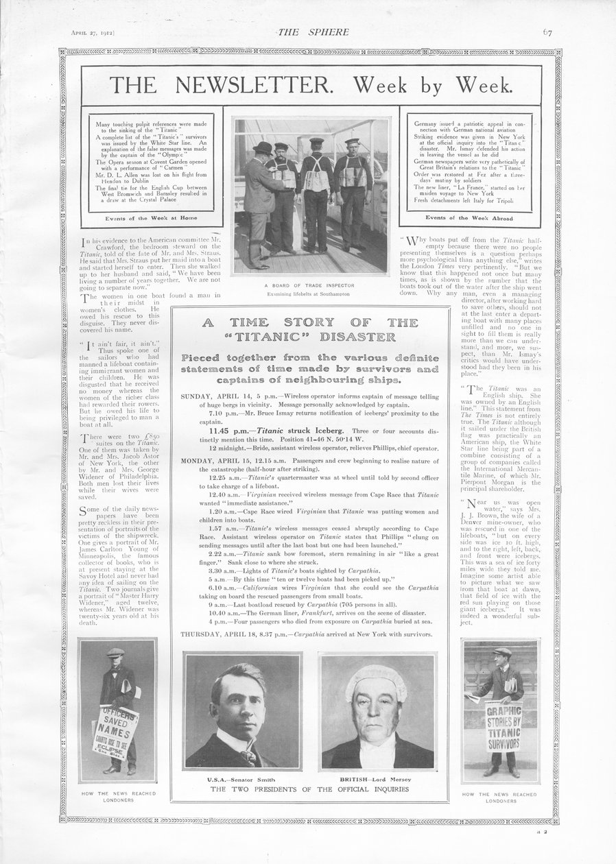 Zeitachse der Ereignisse und Artikel über das Sinken der Titanic, aus The Sphere, 27. April 1912 von English School