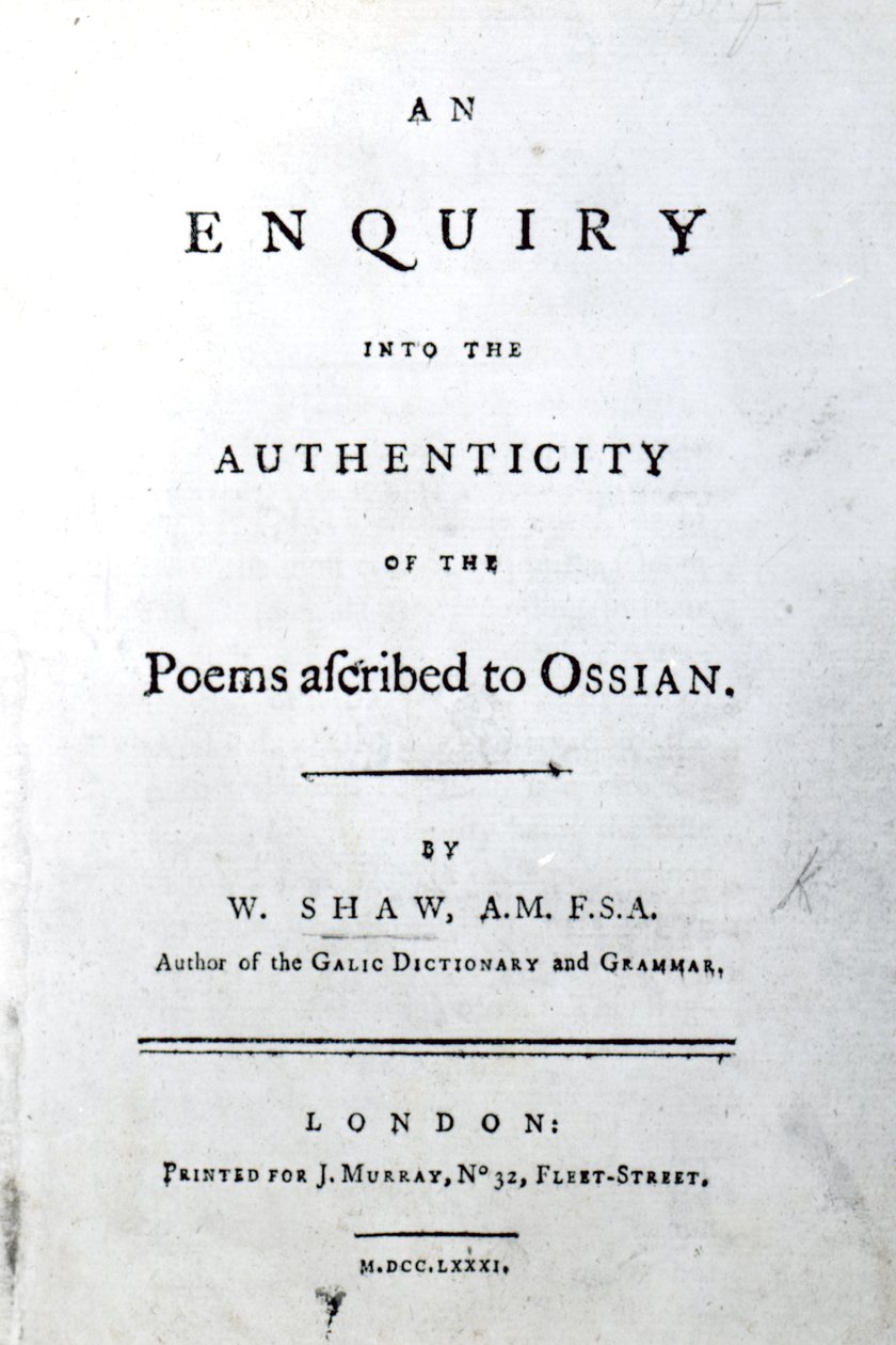 Titelseite für An enquiry into the authenticity of the poems ascribed to Ossian von William Shaw, veröffentlicht 1781 von English School