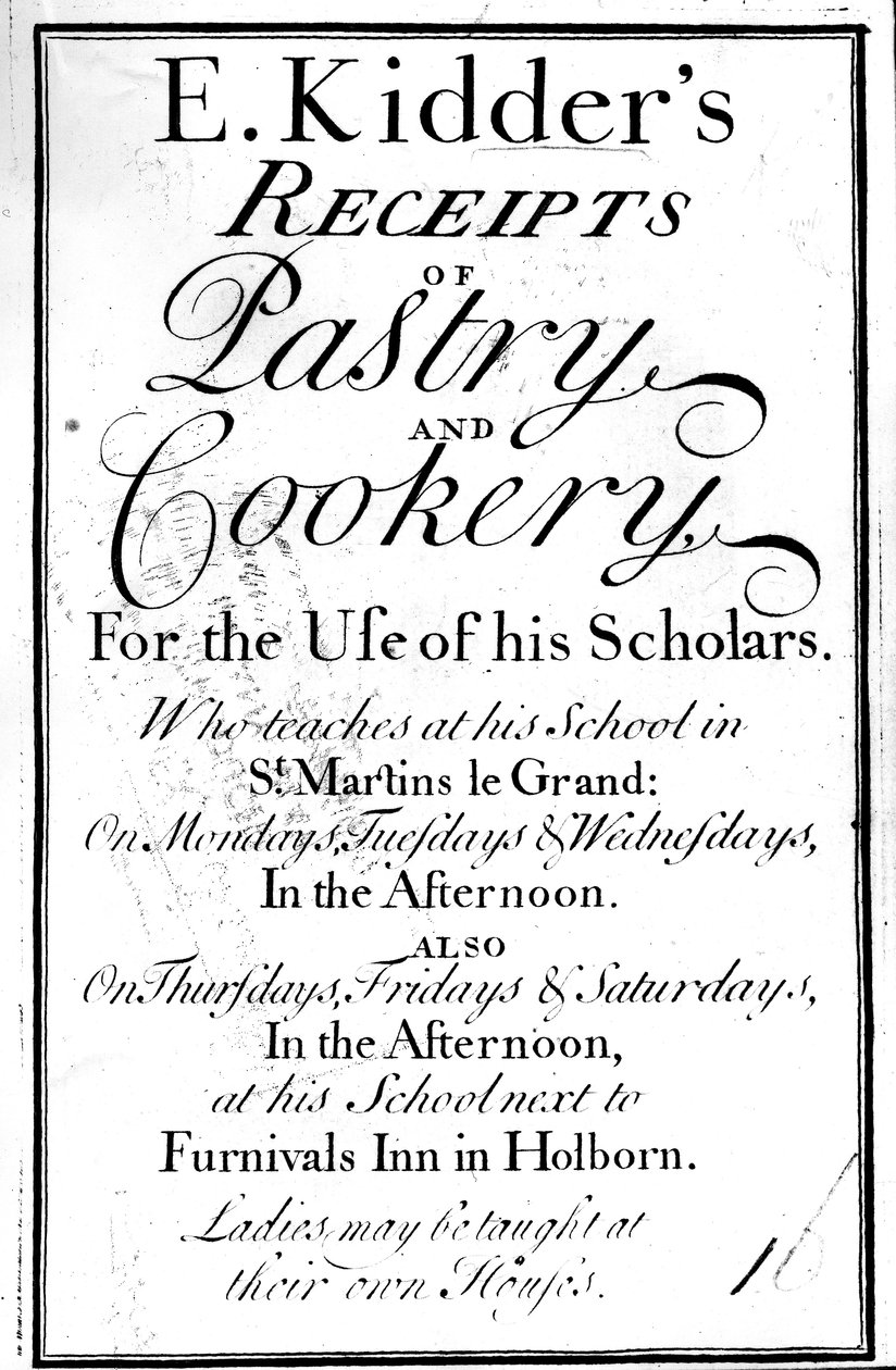 Titelseite für E. Kidders Receipts of Pastry and Cookery, von Edward Kidder, veröffentlicht um 1730 von English School