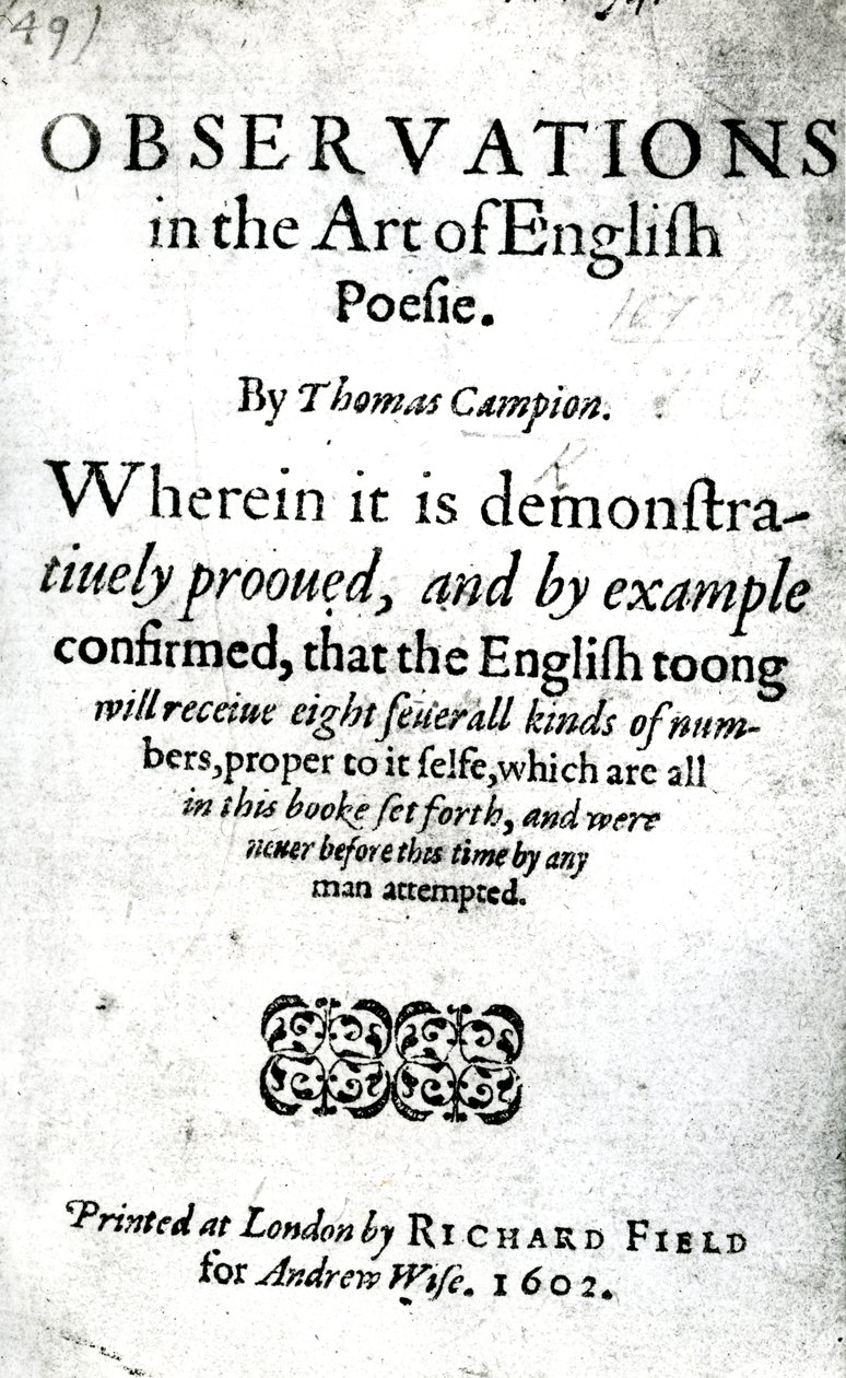 Titelseite für Observations in the Art of English Poesie von Thomas Campion, veröffentlicht 1602 von English School