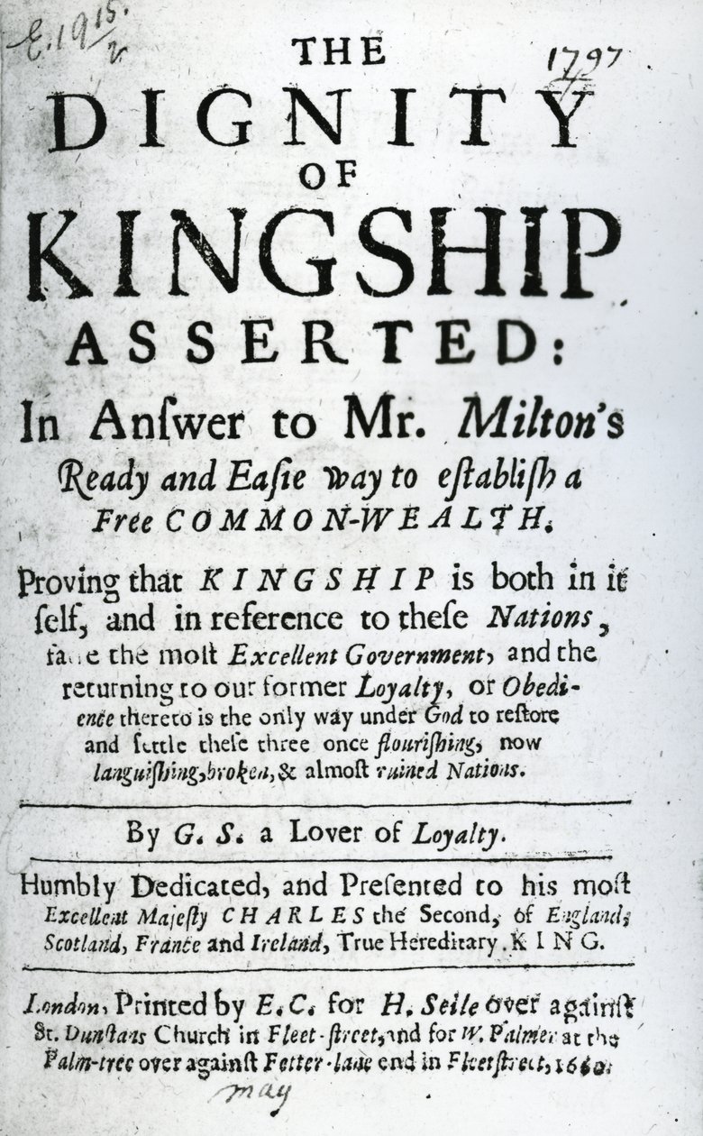 Titelseite für The Dignity of Kingship Asserted von G.S. a Lover of Loyalty, veröffentlicht 1660 von English School