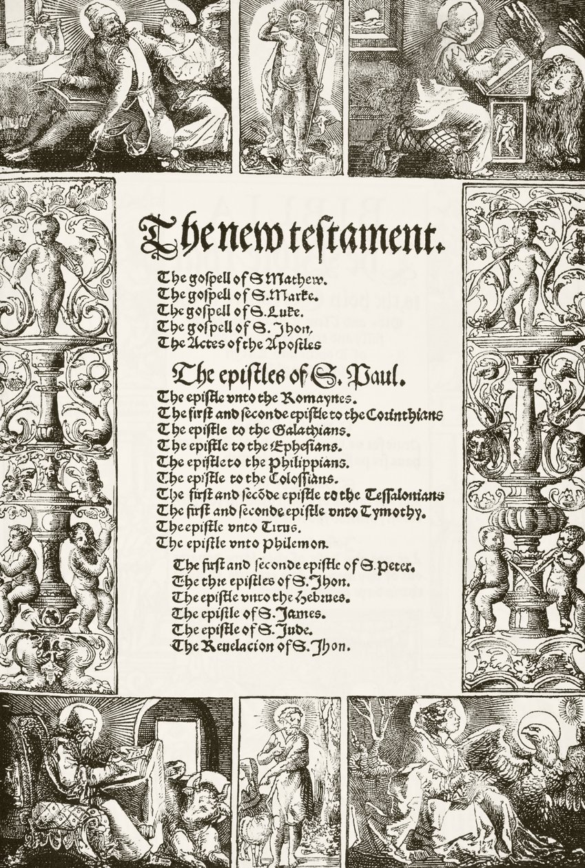 Titelseite von William Tyndales Neuem Testament, gedruckt in den 1530er Jahren, aus 