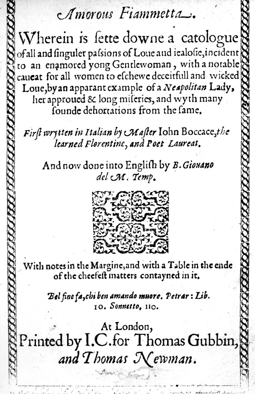 Titelseite zu Amorous Fiammetta von Giovanni Boccaccio, englische Übersetzung veröffentlicht 1587 von English School