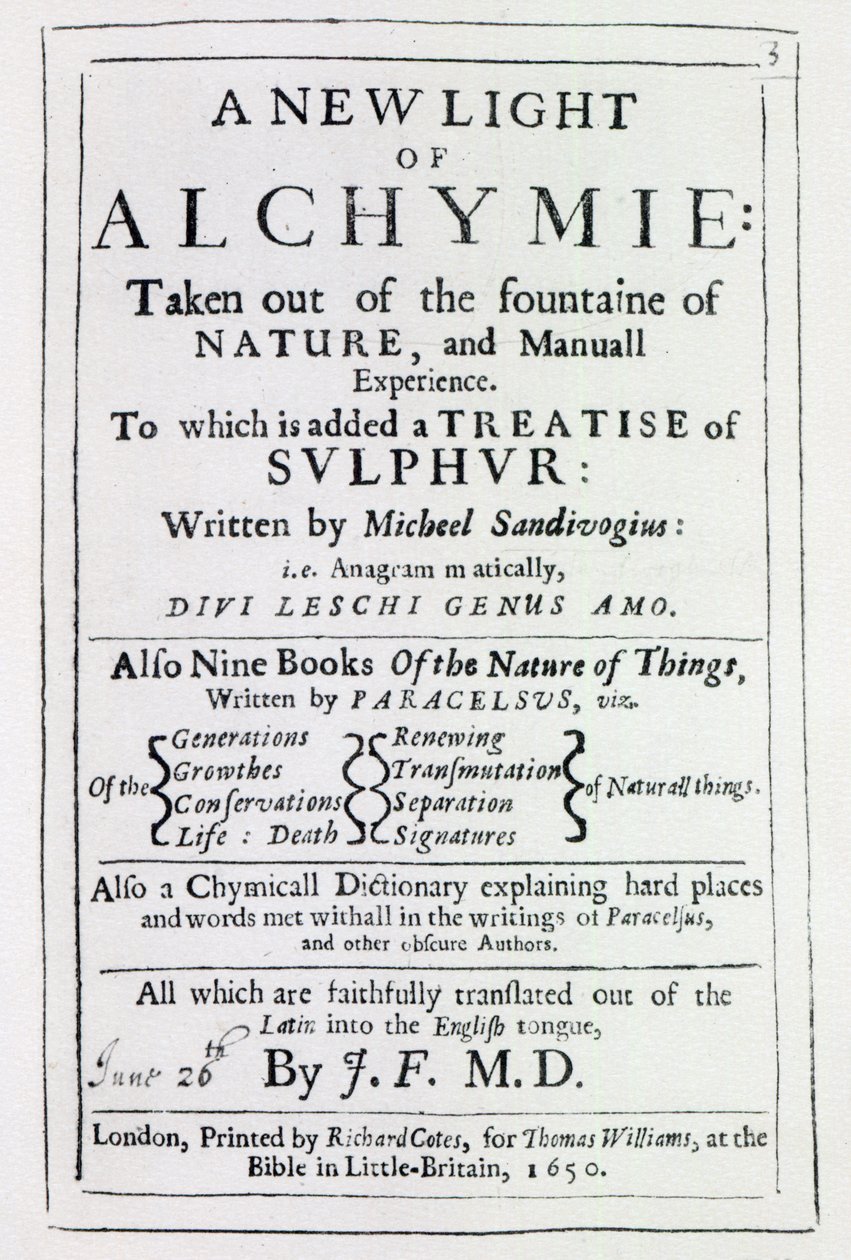 Titelseite zur englischen Ausgabe von A New Light on Alchemy von Michal Sedziwoj, 1650 von English School