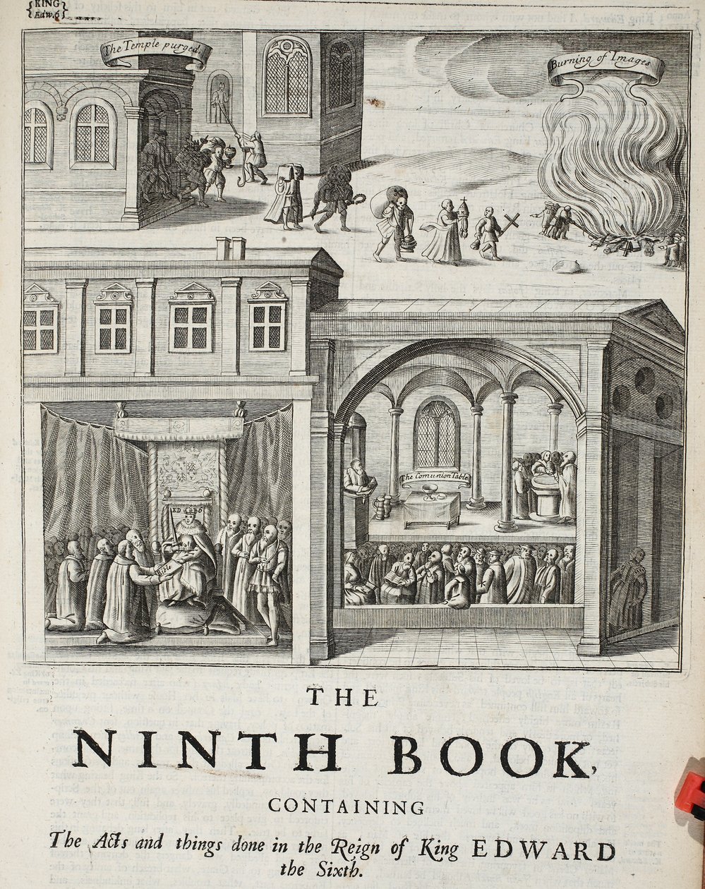 Titelseite zum neunten Buch, Illustration aus Acts and Monuments von John Foxe, neunte Ausgabe, veröffentlicht 1684 von English School