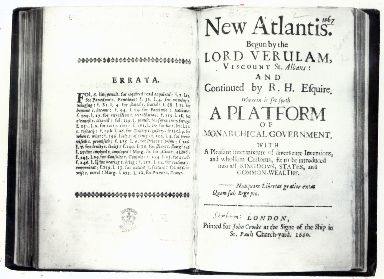 Titelseiten zu Francis Bacons Neu-Atlantis, Ausgabe veröffentlicht 1660 von English School
