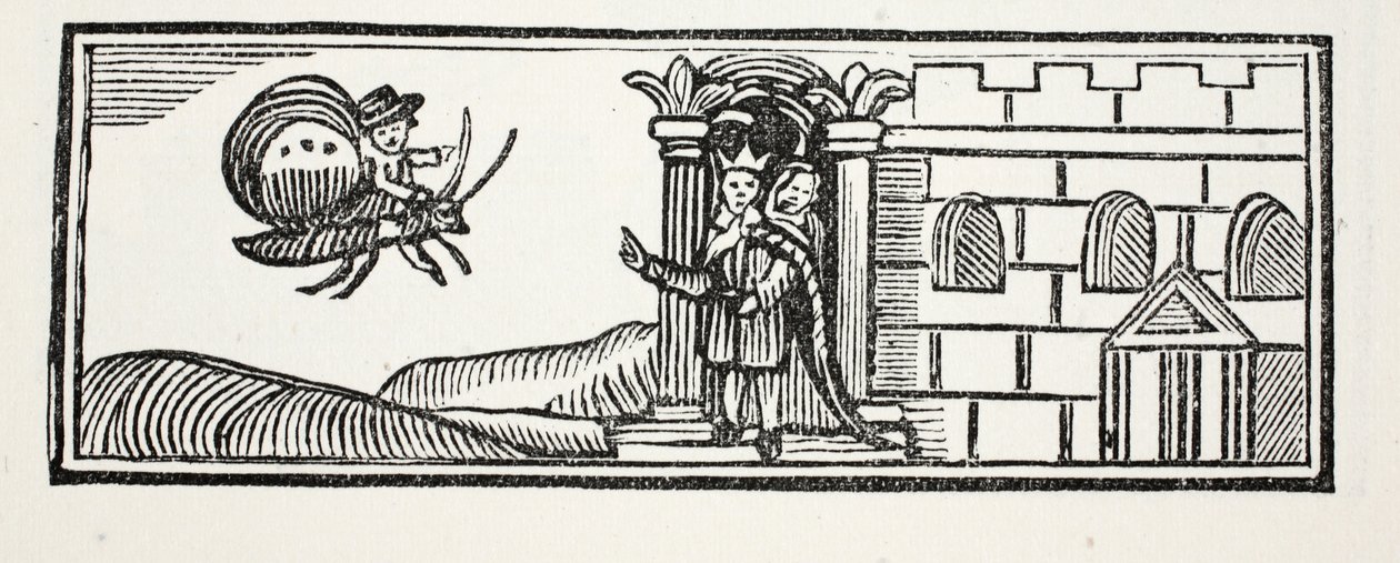 Tom versteckte sich und versuchte auf dem Rücken eines Schmetterlings zu entkommen, Illustration aus Chap-books des achtzehnten Jahrhunderts von John Ashton, veröffentlicht 1882 von English School