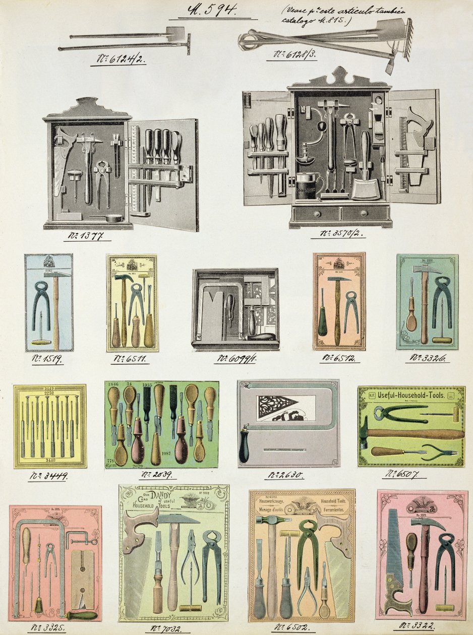 Werkzeuge und Werkzeugkästen aus einem Handelskatolog für Haushaltswaren und Einrichtungsgegenstände, ca. 1890-1910 von English School
