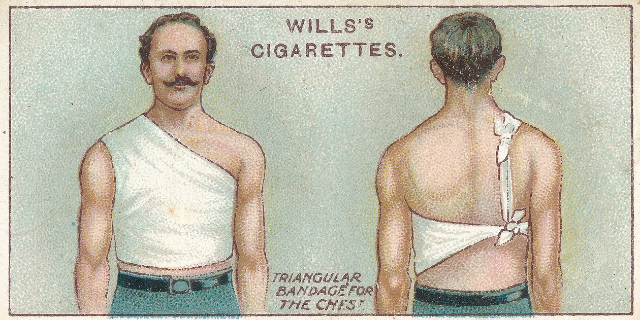 Dreieckiger Verband für die Brust, Nr. 37 aus der Erste-Hilfe-Serie von Willss Zigarettenkarten, 1913 von English School
