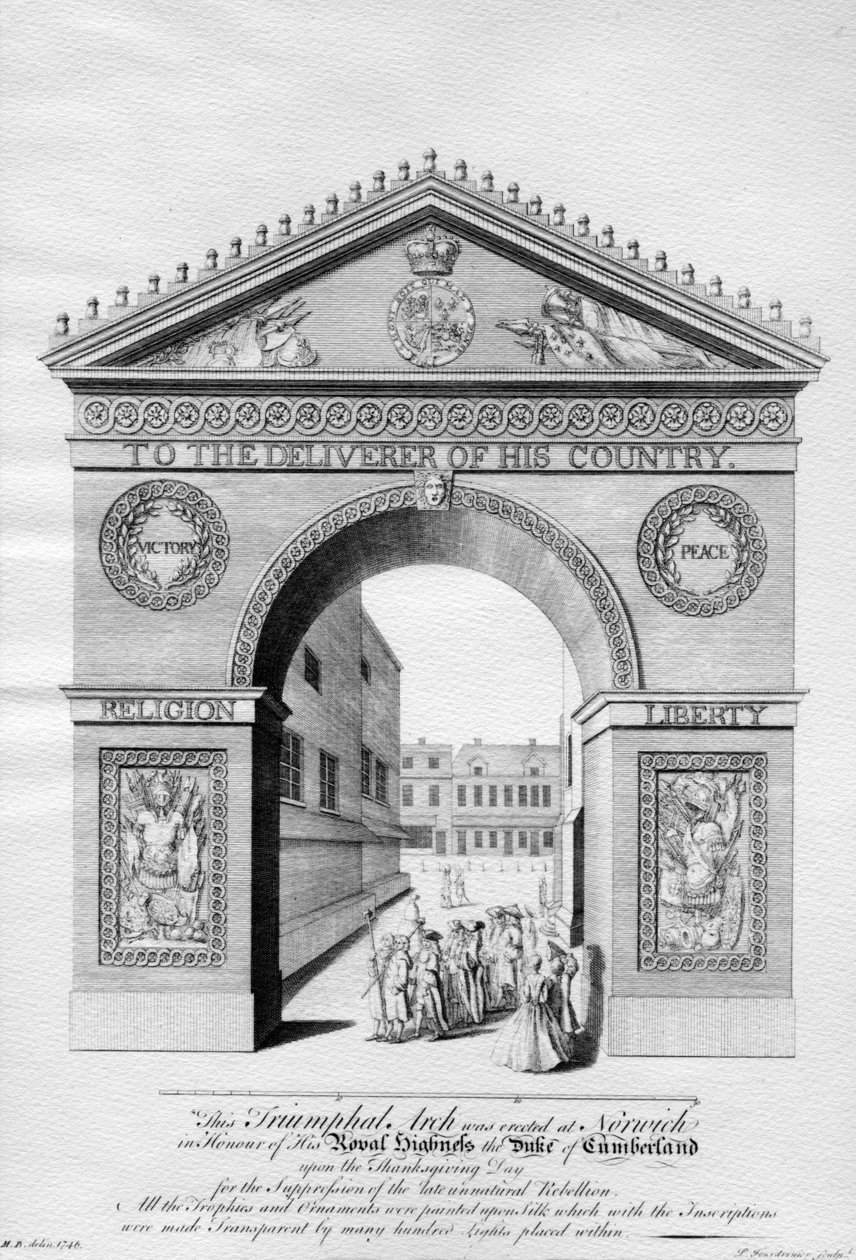 Triumphbogen in Norwich zu Ehren des Herzogs von Cumberland, graviert von Paul Fourdrinier, 1746 von English School