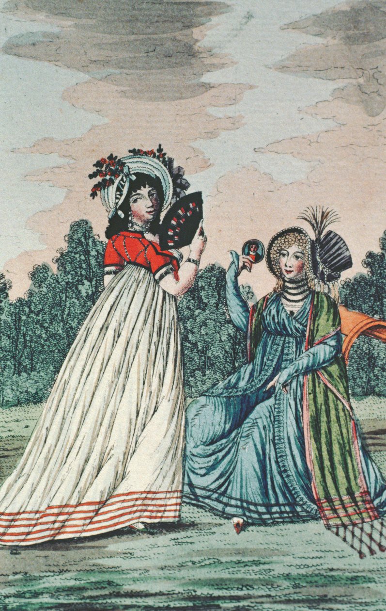 Zwei modische Damen in einem Garten, ca. 1800 (Farbstich) von English School