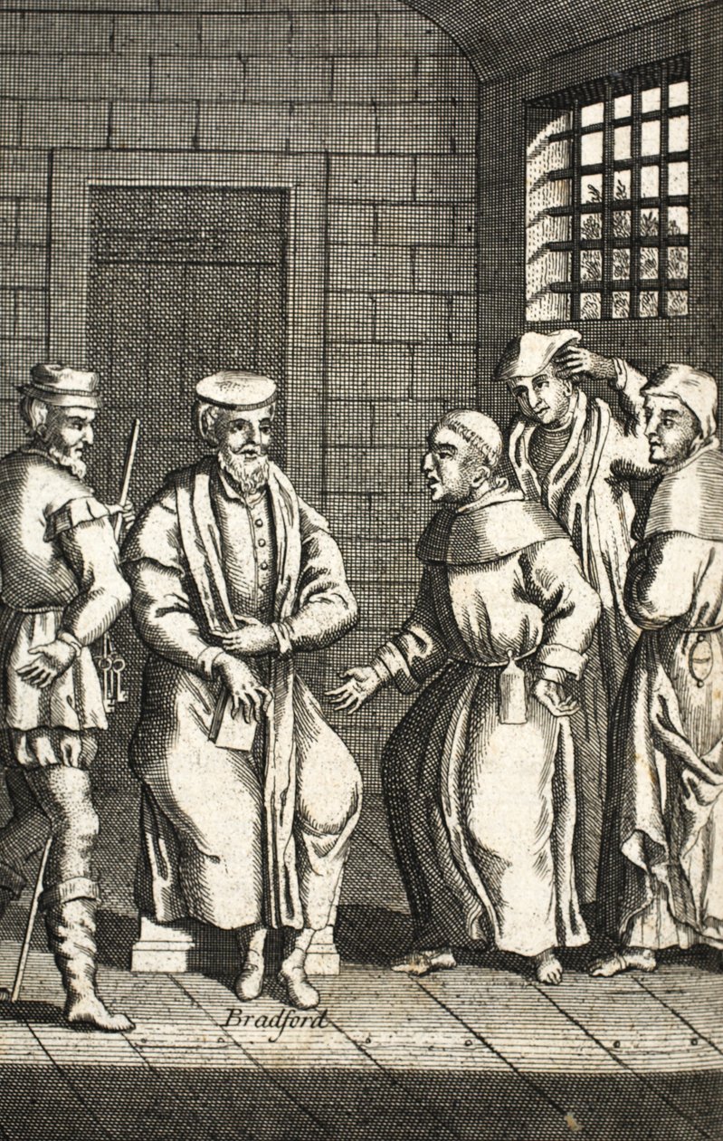 Zwei spanische Mönche sprechen mit Mr. Bradford, Illustration aus Foxes Märtyrer, ca. 1703 von English School