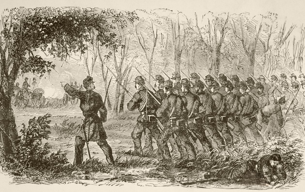 Unionssoldaten auf dem Plateau bei der ersten Schlacht von Bull Run (Lithografie) von English School