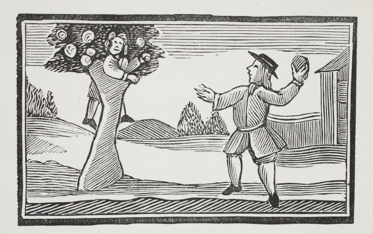 Hinauf in den Baum klettert er, Illustration aus Chap-books des achtzehnten Jahrhunderts von John Ashton, veröffentlicht 1882 von English School