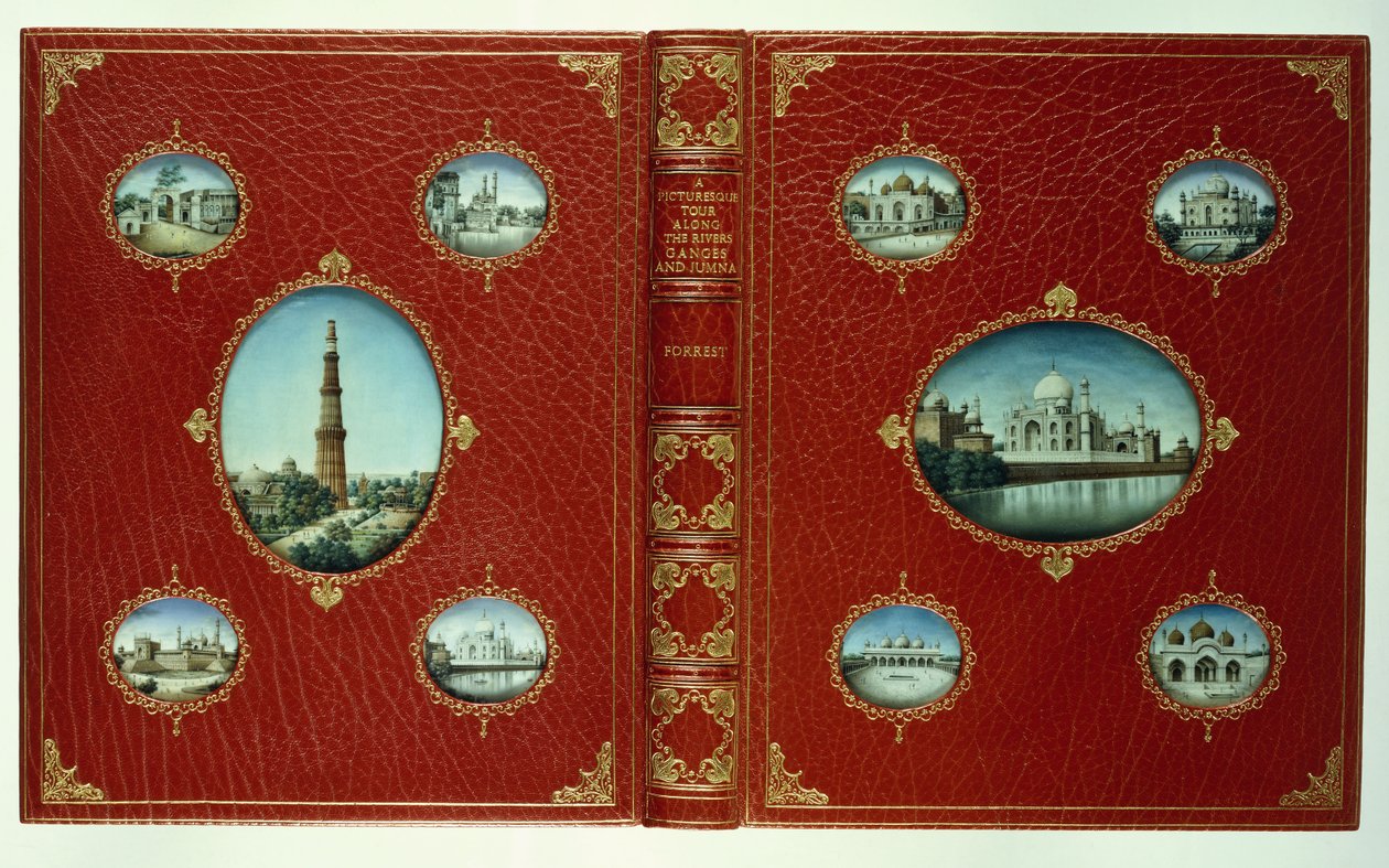 Obere und untere Einbände, zehn ovale Miniaturen von Moscheen, mit vergoldeten Rändern von English School