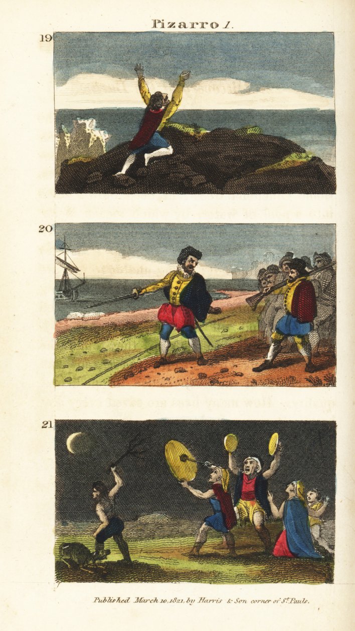 Vasco Nunez de Balboa erreicht den Pazifik, Francisco Pizarro trennt seine Männer durch eine Linie im Sand auf der Insel Gallo und Peruaner haben Angst vor einer Mondfinsternis von English School