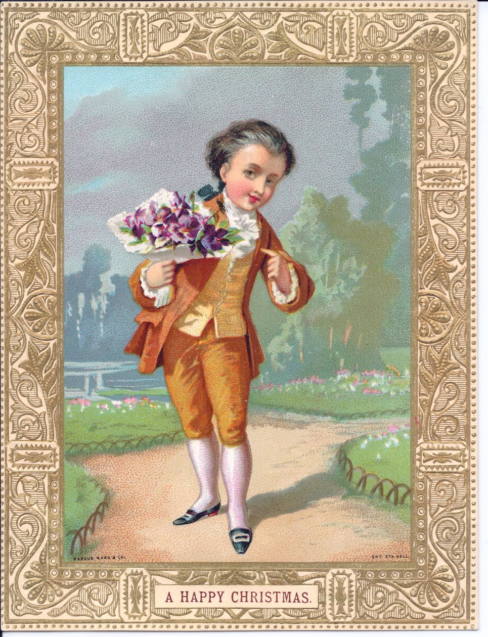 Viktorianische Weihnachtskarte mit einem Jungen in viktorianischer Kleidung, der einen Blumenstrauß hält, ca. 1880 von English School
