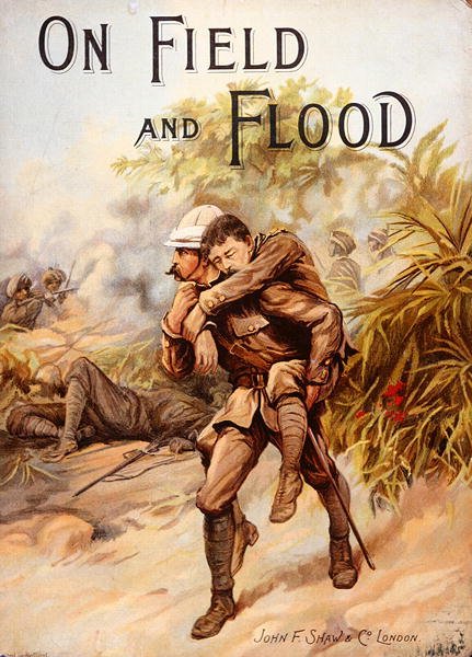 Viktorianisches Buchcover, das Chirurg-Kapitän Whitchurch zeigt, wie er das V.C. gewinnt, indem er den verwundeten Kapitän Baird unter schwerem Beschuss in der Chitral-Kampagne, Indien, März 1895, in Sicherheit bringt von English School
