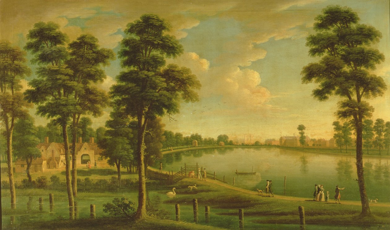Blick auf das Chelsea-Reservoir und die Wasserwerke, mit der Westminster Abbey im Hintergrund, ca. 1725 von English School