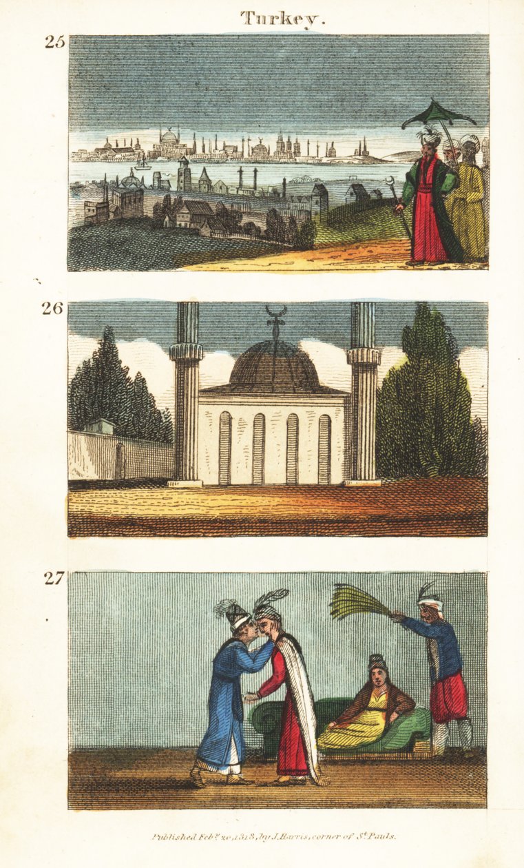 Ansicht von Konstantinopel (Istanbul) im frühen 19. Jahrhundert: Muslimische Moschee mit Kuppel und Minaretten und junge griechische Frauen, die sich auf die Augen küssen von English School
