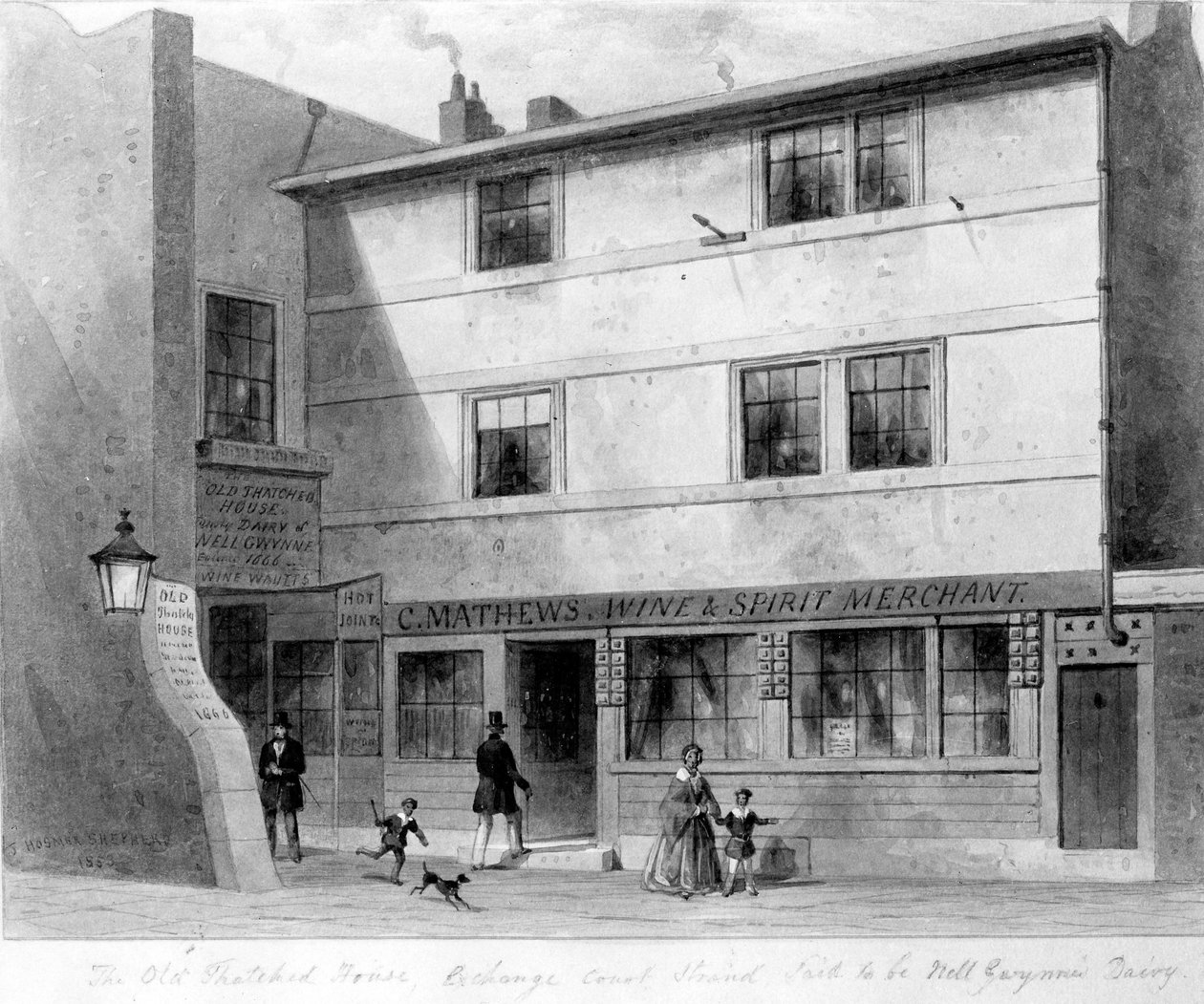 Ansicht des alten Strohdachhauses, Exchange Court, 1853 von English School