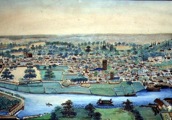 Ansicht einer Stadt und eines Flusses, ca. 1830 von English School