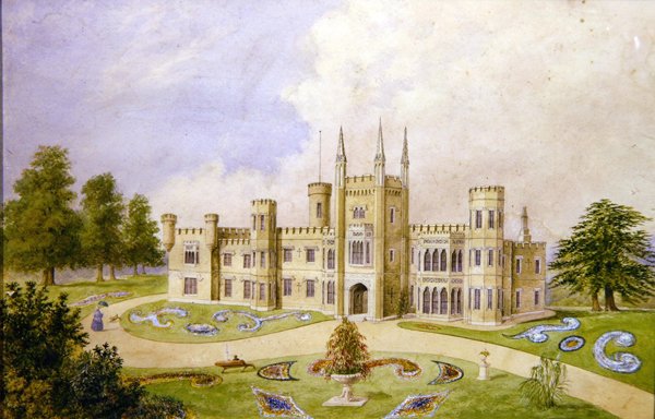 Ansicht eines Landhauses im gotischen Stil mit formellem Garten, ca. 1840 von English School