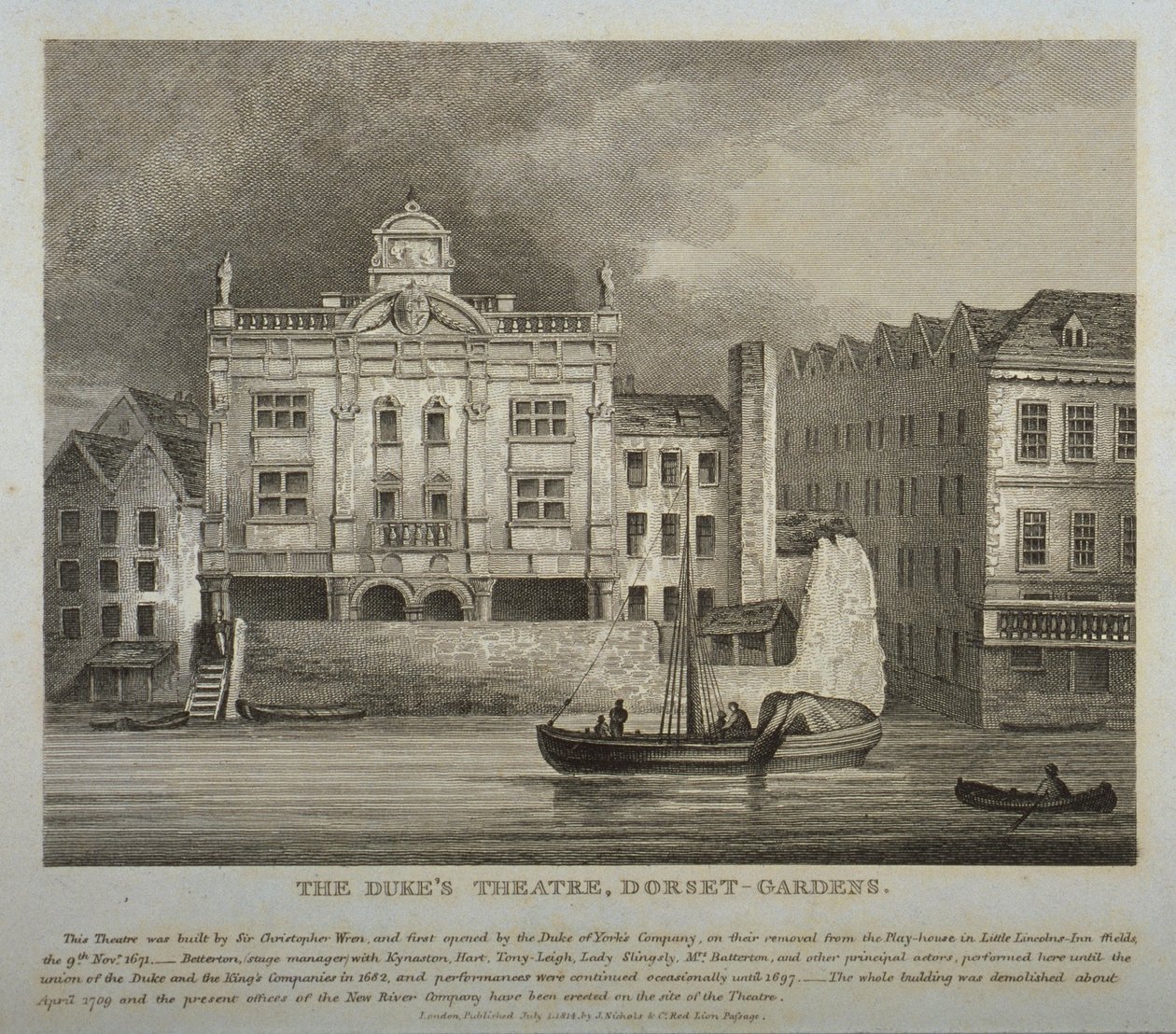 Ansicht des Dukes Theatre, Dorset Gardens, von der Themse aus, 1814 von English School