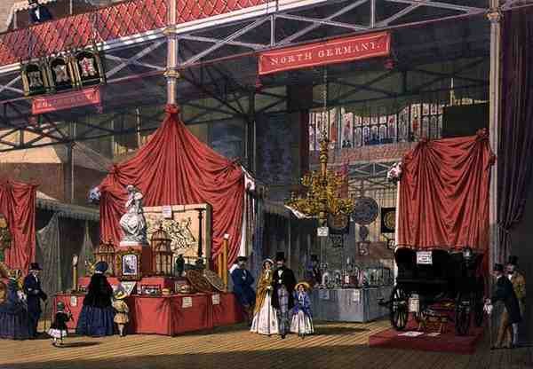 Ansicht des Klier und Sons Musikinstrumentenstands im norddeutschen Bereich der Großen Ausstellung von 1851, aus Dickinsons umfassenden Bildern (Farblithografie) von English School