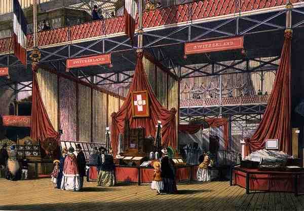 Ansicht des Schweiz-Bereichs der Großen Ausstellung von 1851, aus Dickinsons umfassenden Bildern (Farblithografie) von English School