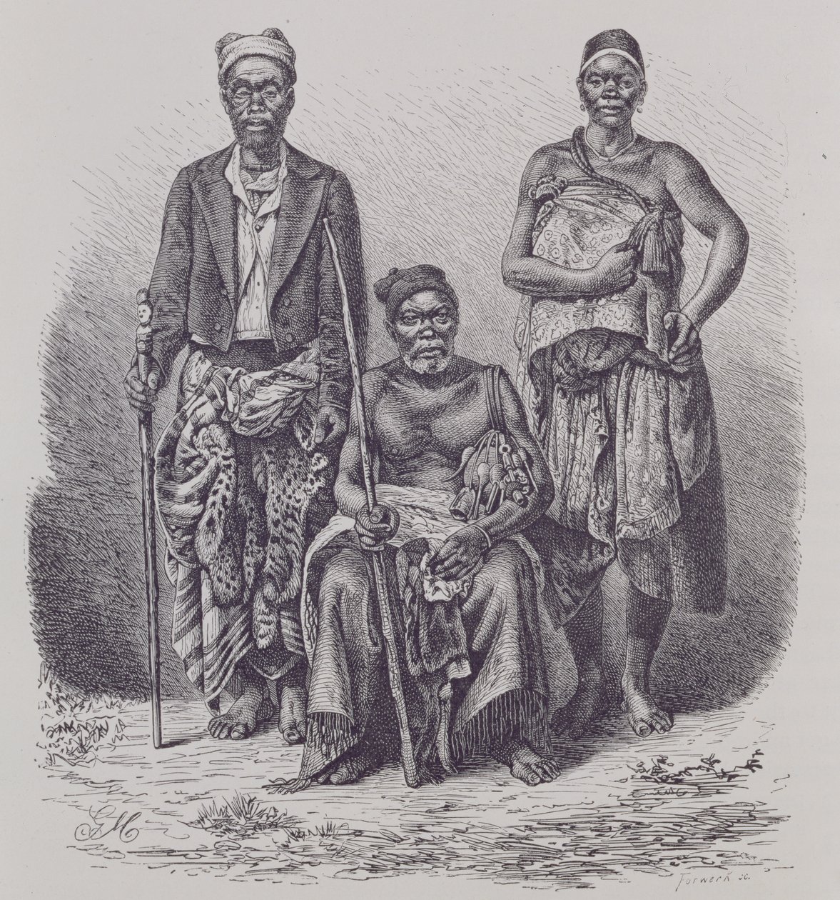 Dorfhäuptling der Loango-Küste, mit Frau und Würdenträger, graviert nach einem Foto von Dr. Falkenstein, aus 