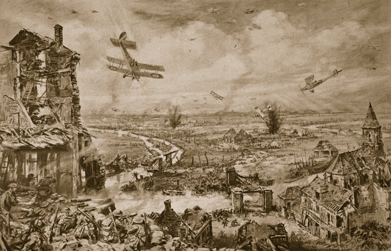 Lebhafter Eindruck des gewaltigen Kampfes um Armentieres im April 1918, 1918-19 von English School