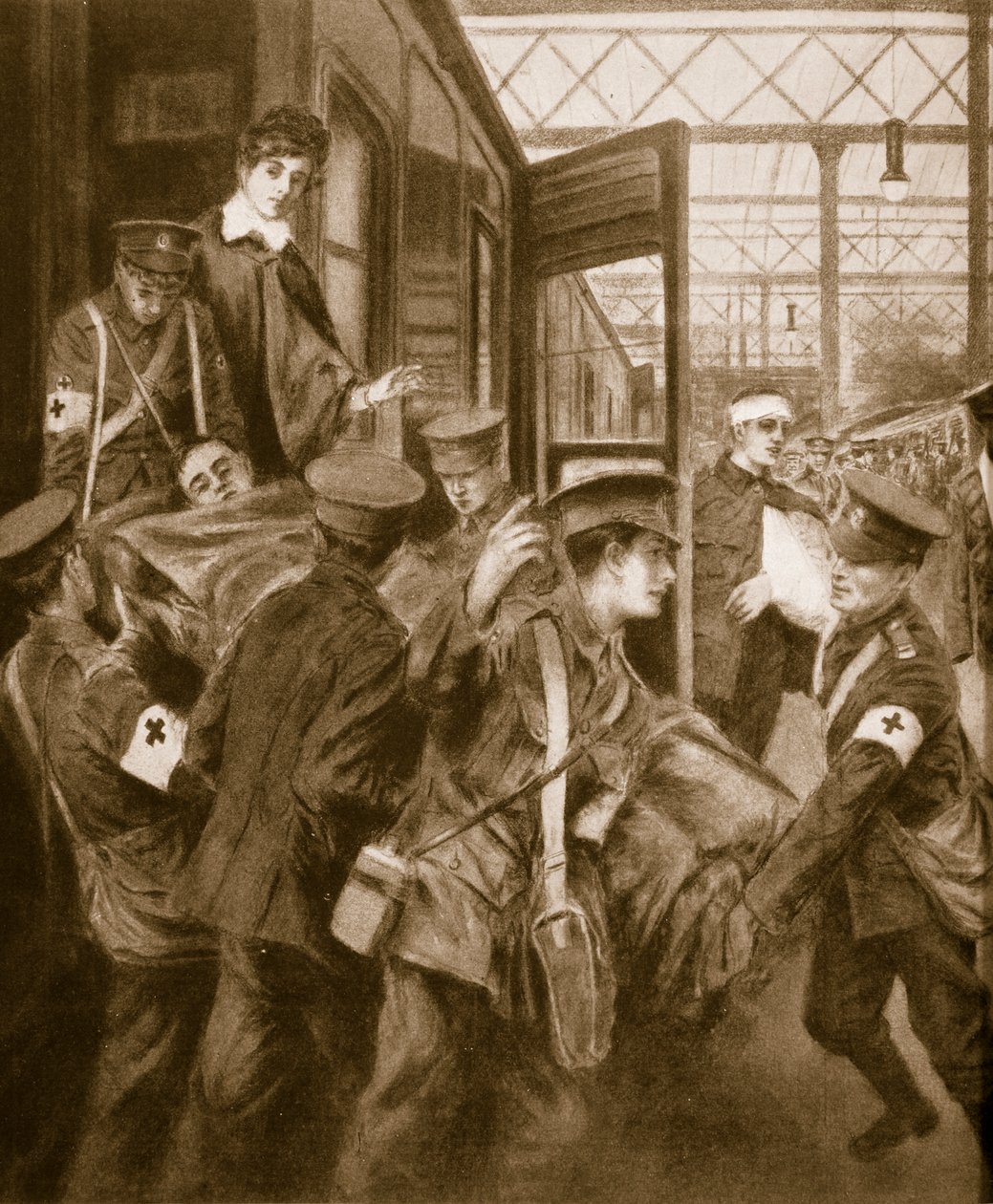 Kriegsverwundete kommen an einem Londoner Bahnhof an, 1914-19 von English School