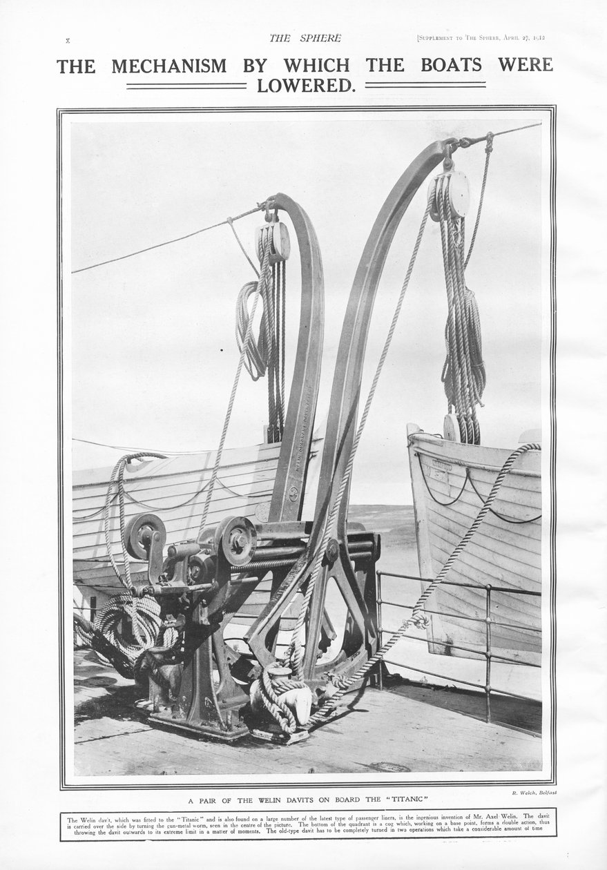 Welin-Davits, der Mechanismus, mit dem die Boote herabgelassen wurden, aus The Sphere, 27. April 1912 von English School