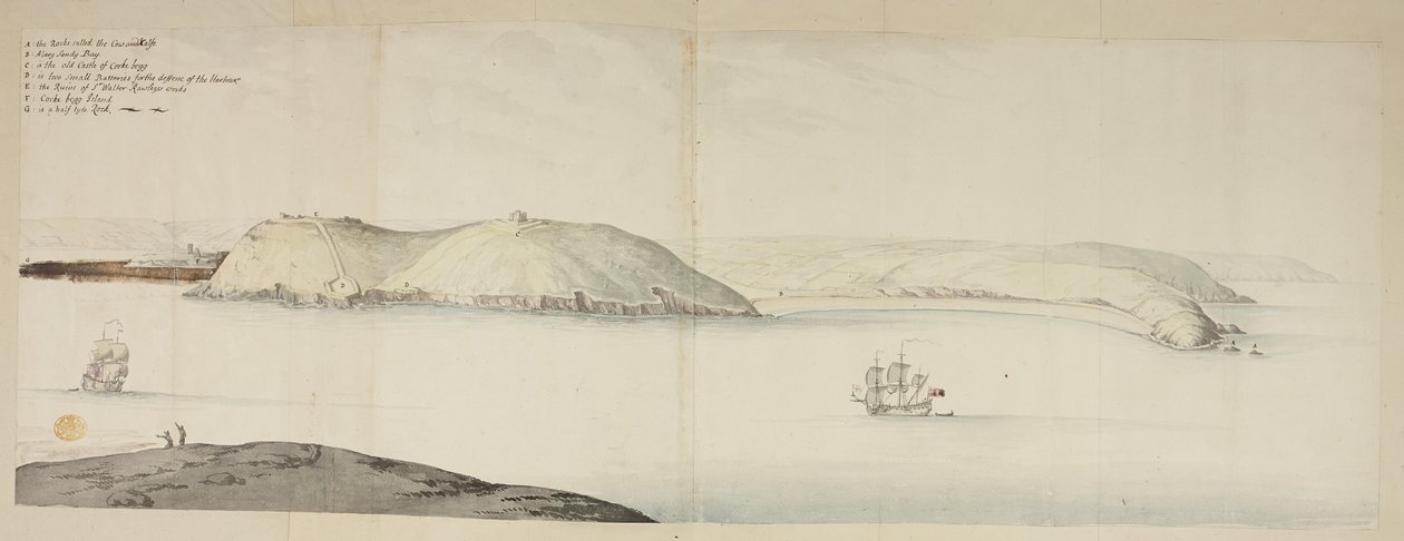 Westlicher Eingang des Cork Harbour, von den Kidds, oder Cow and Calf, bis zur Cross Beg Island; Westlicher Eingang des Cork Harbour, zeigt Halbowlin Island, Spike Island und Cross Haven, ca. 1684 von English School