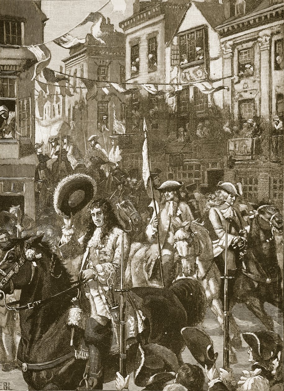 Williams triumphaler Einzug in Whitehall, Illustration aus Cassells Illustrierter Geschichte Englands von English School