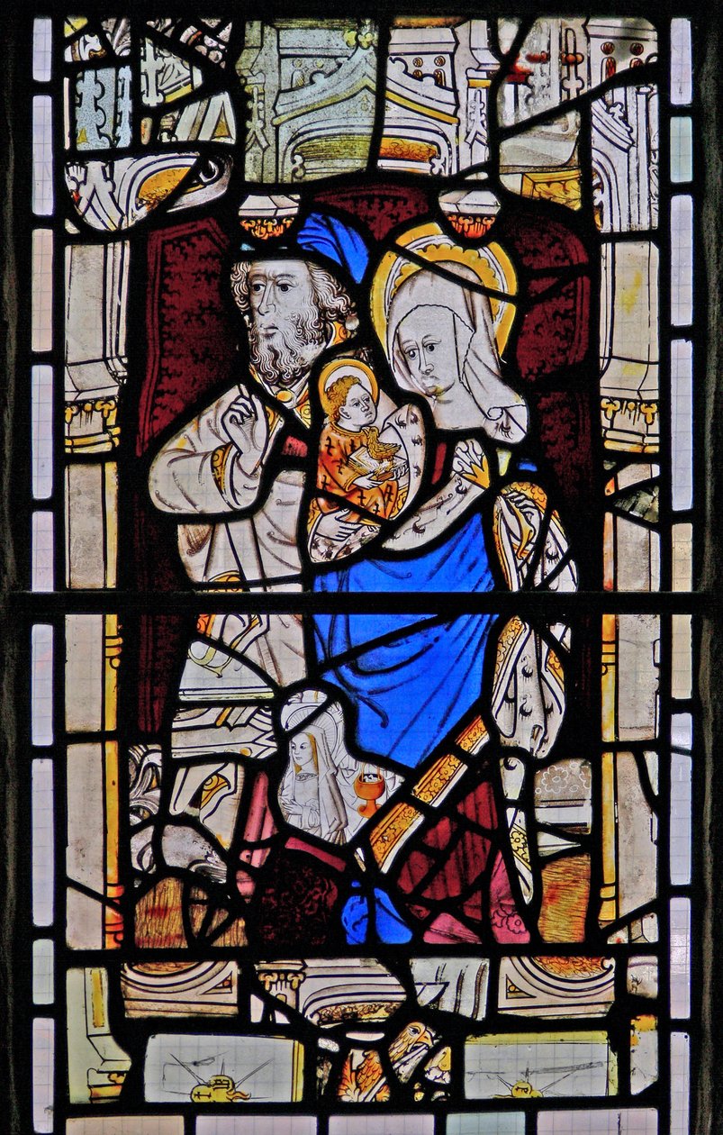 Fenster Ew, Darstellung von St. Anna, Joachim, der Jungfrau Maria und dem Christkind von English School