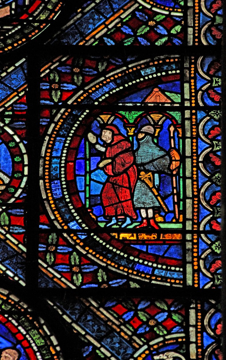 Fenster n7, Szene aus dem Leben von St. Thomas Becket: ein bewaffneter Ritter und ein Mönch von English School