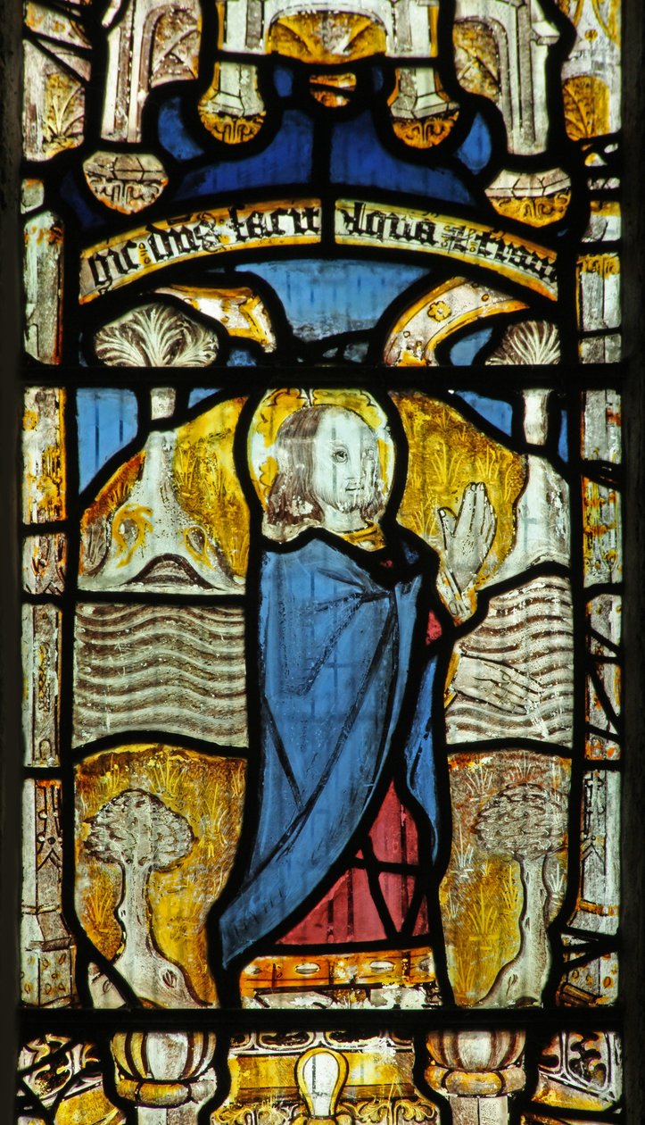 Fenster Nr. 1 zeigt die Erschaffung des Meeres und des trockenen Landes von English School