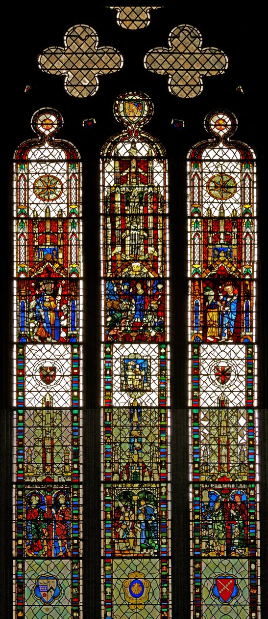 Fenster w31, Darstellung eines zusammengesetzten Fensters mit St. Edmund, St. William, St. Georg, Verkündigung, Anbetung der Heiligen Drei Könige von English School