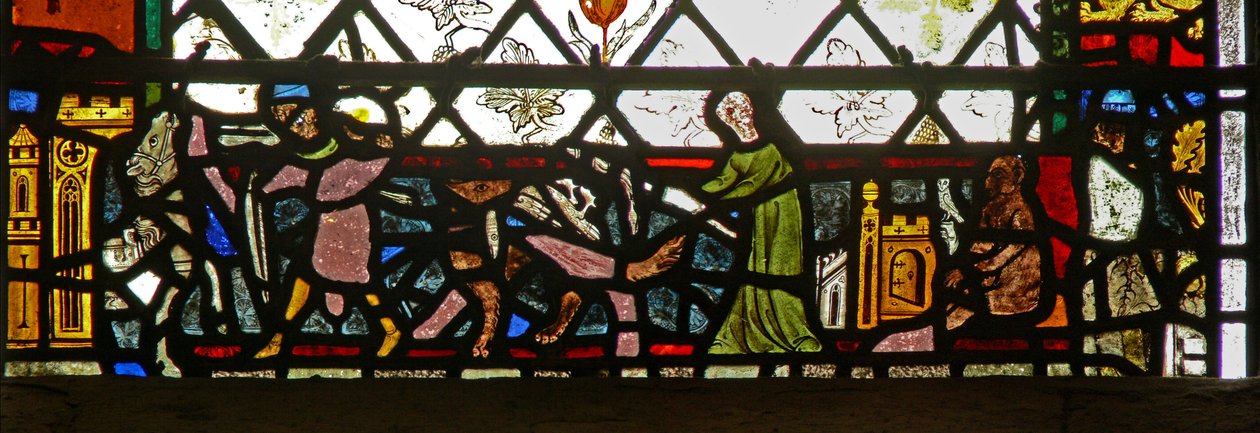 Fenster w40, Darstellung eines Randpanels mit Tieren und Menschen von English School