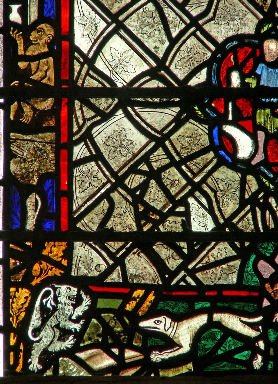 Fenster w40, Darstellung eines Randpanels mit Affe, Löwe und Hund; Grisaille von English School