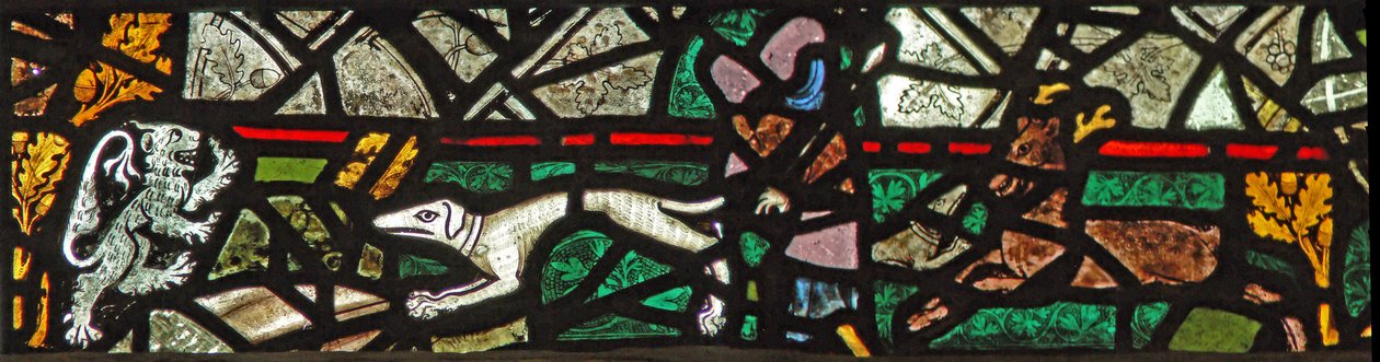 Fenster w40, Darstellung eines Randpanels mit Hirsch, Hund und Löwe von English School