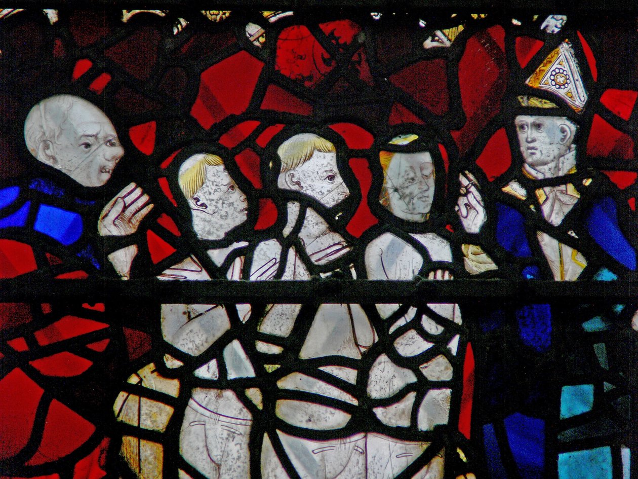 Fenster w6, Szene aus einer Legende von St. Nikolaus: das Wunder der 3 Jungen: die drei Jungen in der Wanne darstellend von English School
