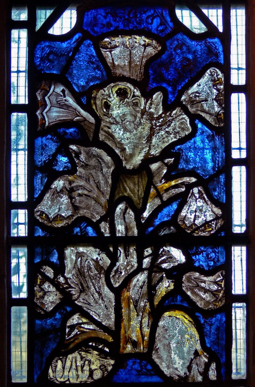 Fenster w9, Darstellung der Lilienkreuzigung: eine Verschmelzung der Lilie (Symbol der Verkündigung) mit der Kreuzigung von English School