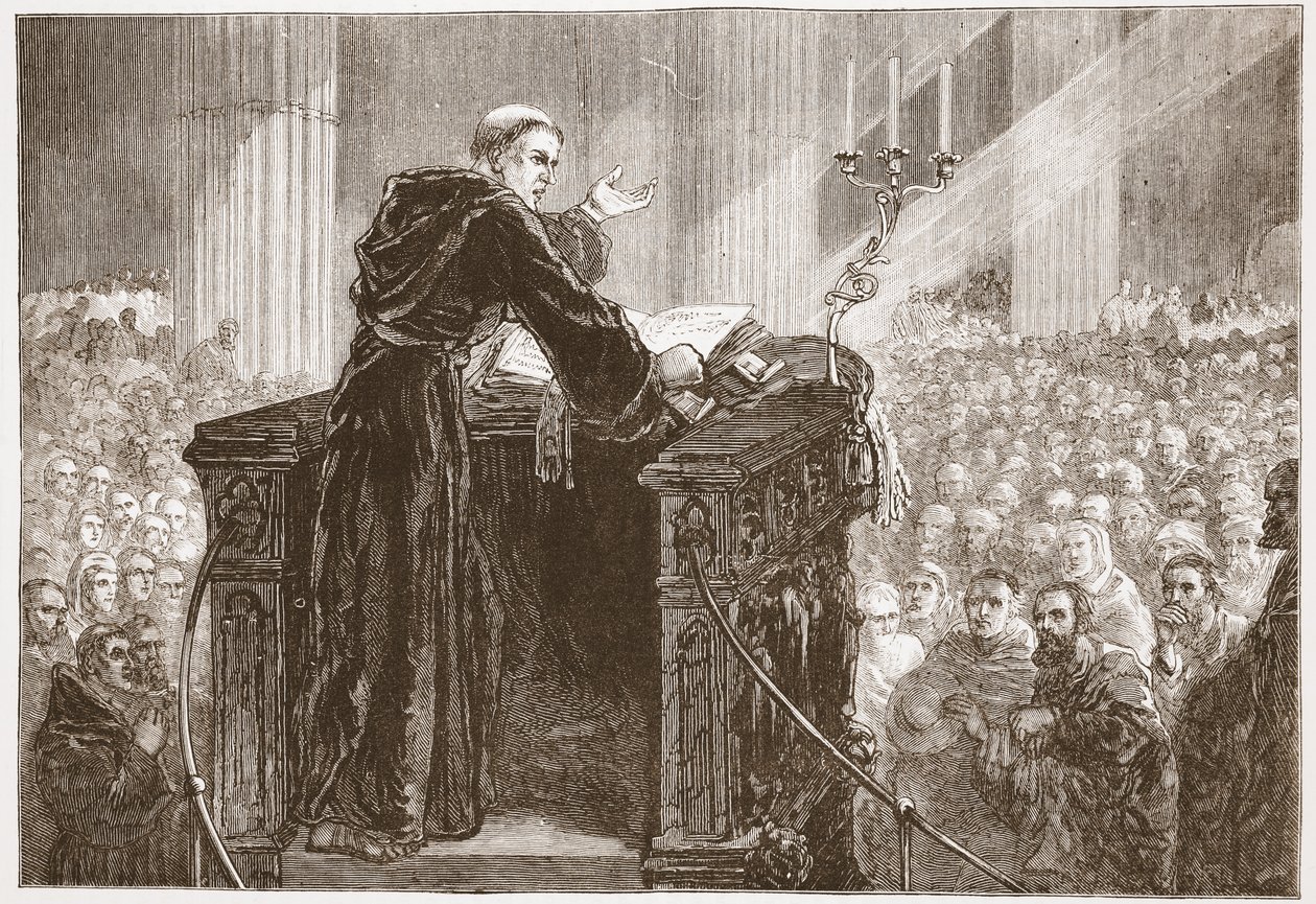 Zwingli predigt im Zürcher Münster, Illustration aus Die Geschichte des Protestantismus von James Aitken Wylie, veröffentlicht 1878 von English School