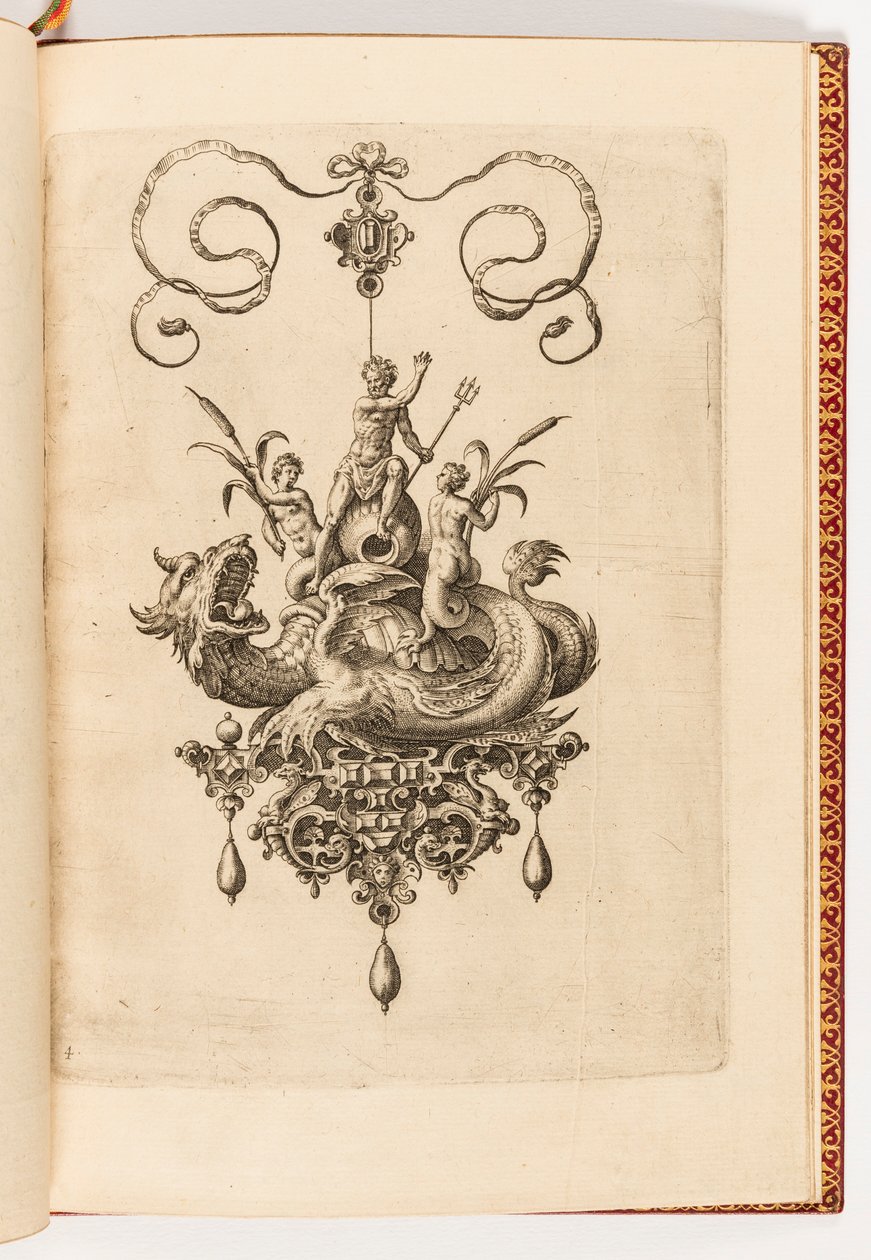 Druck, Platte 4, aus Bullarum Inaurium etc. Archetypi Artificiosi Pars Altera (Anhänger, Ohrringe, etc. Designs der geschicktesten Art, Teil Zwei) von Engraved by Adriaen Collaert