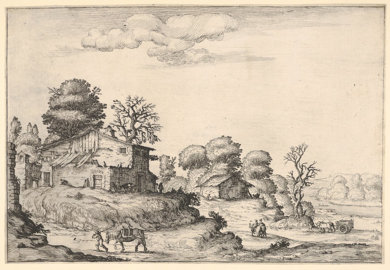 Landschaft mit Bauernhäusern und einem Mann, der ein Pferd im Vordergrund führt, aus einem ..., 1638 von Ercole Bazicaluva