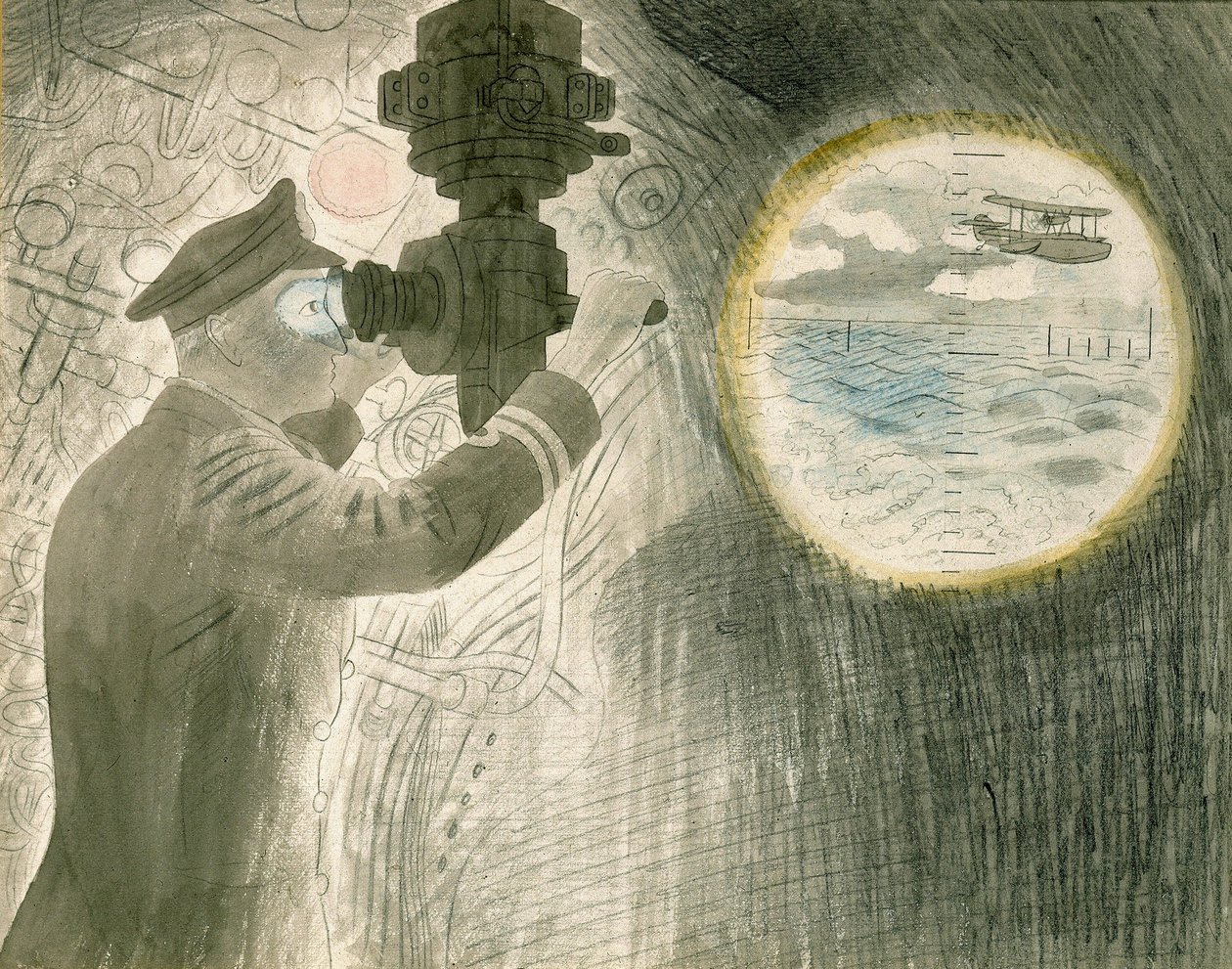 Ein U-Boot-Offizier schaut durch das Periskop von Eric Ravilious